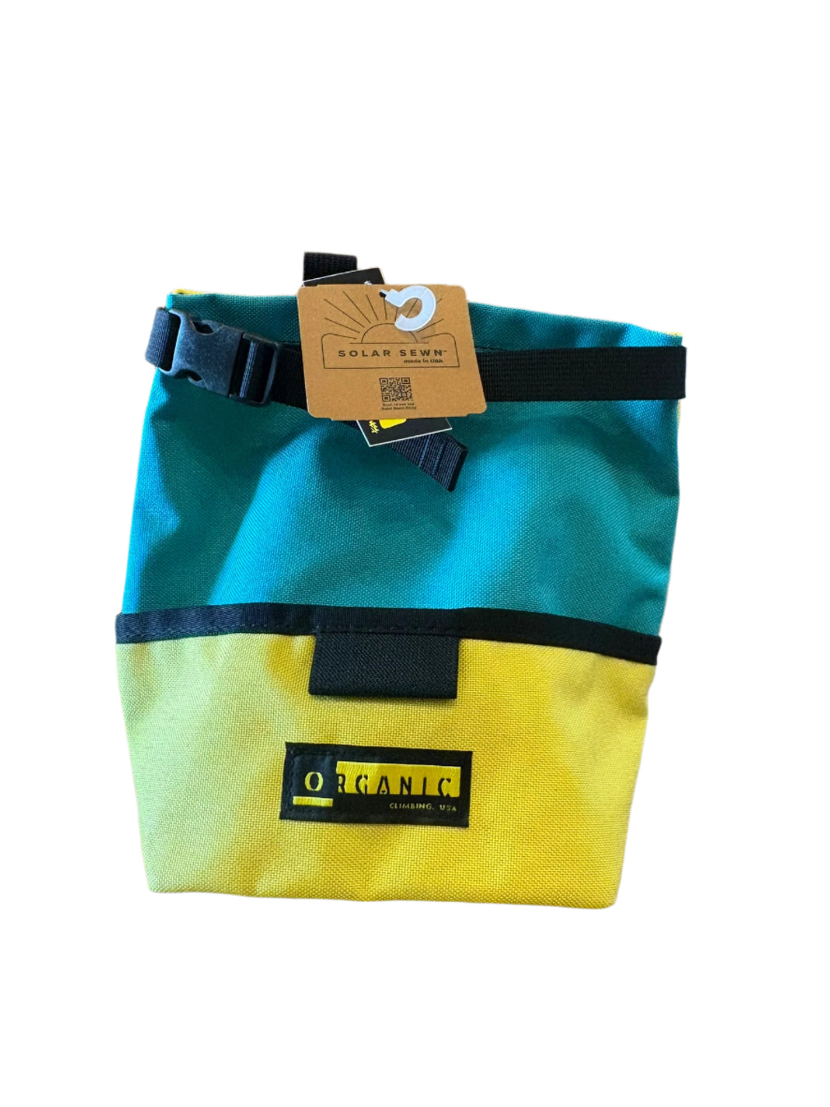 Organic Climbing Snack Sack Chalk Bucket in Teal and Yellow, front view