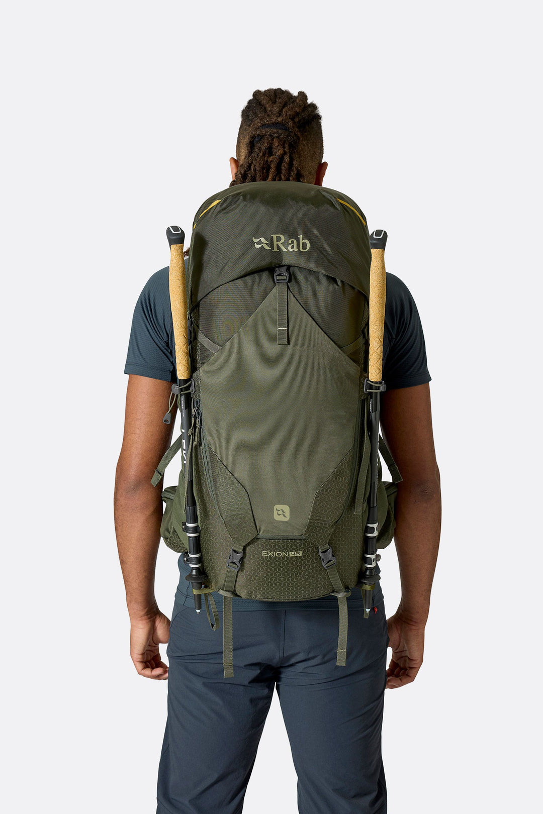 RAB Exion 48 backpack in Army, in use