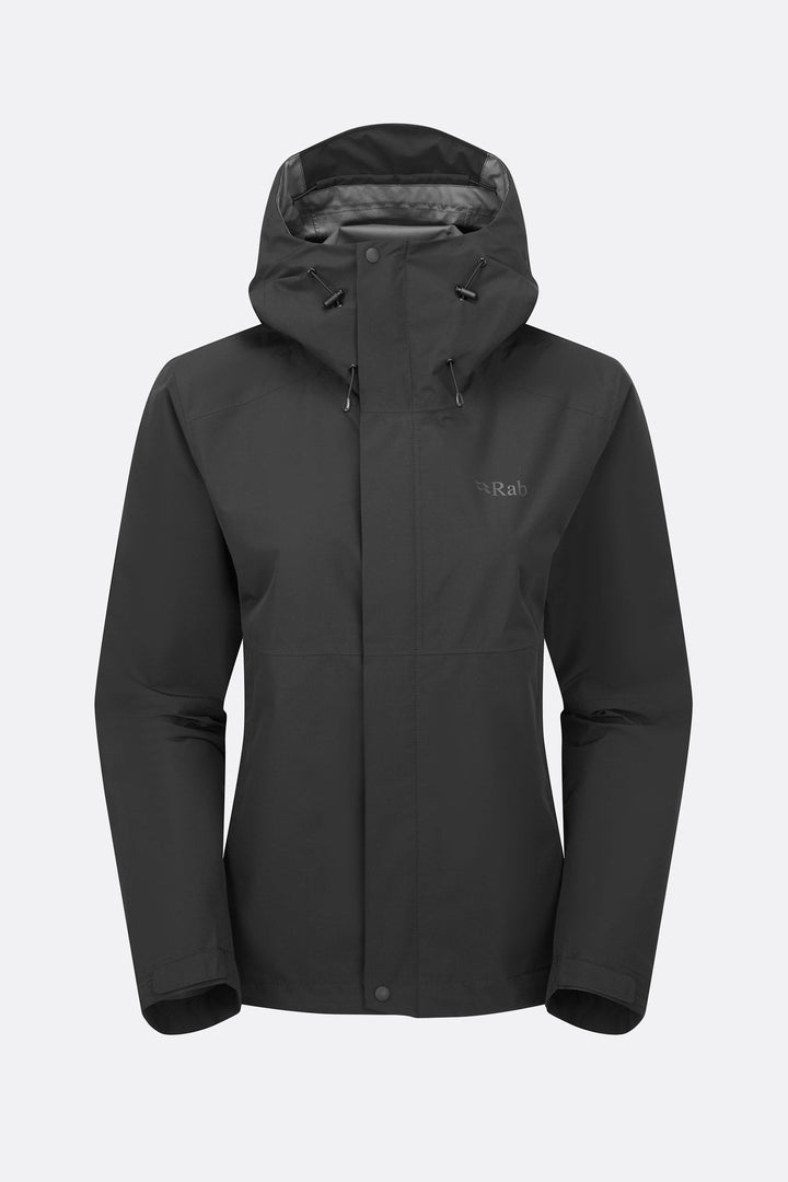 Rab Women's Downpour Waterproof Jacket in Black, front view