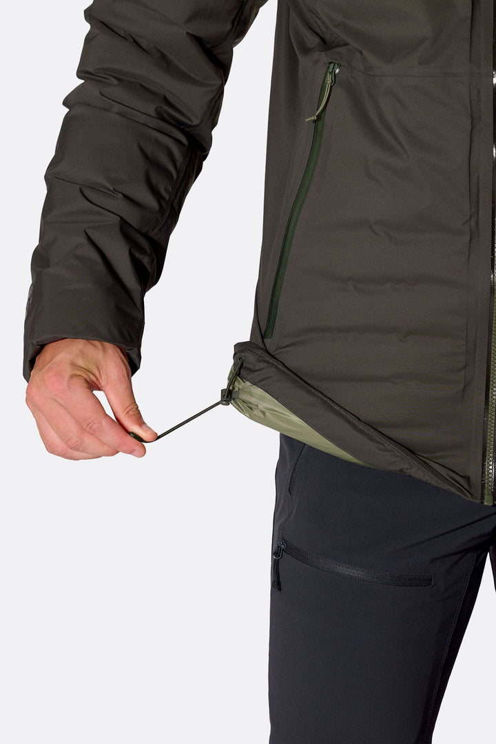 Men's Microlight Shield Waterproof Down Jacket — Dark Army — DETAIL::Hem::Seal out the elements using the drawcord adjustable hem and internally elasticated cuffs.