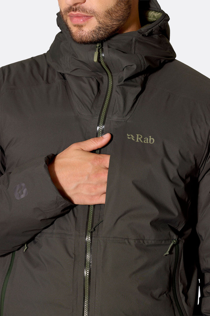 Men's Microlight Shield Waterproof Down Jacket — Dark Army — DETAIL::Pocket::Heat up numb hands in the two hand pockets which sit behind the baffles for maximum warmth.