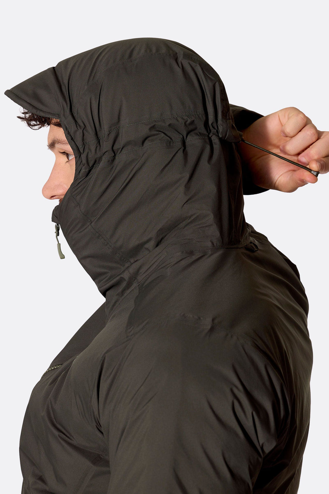 Men's Microlight Shield Waterproof Down Jacket — Dark Army — DETAIL::Hood::Cosy hood with a two-point adjustment so you can fine-tune the fit.