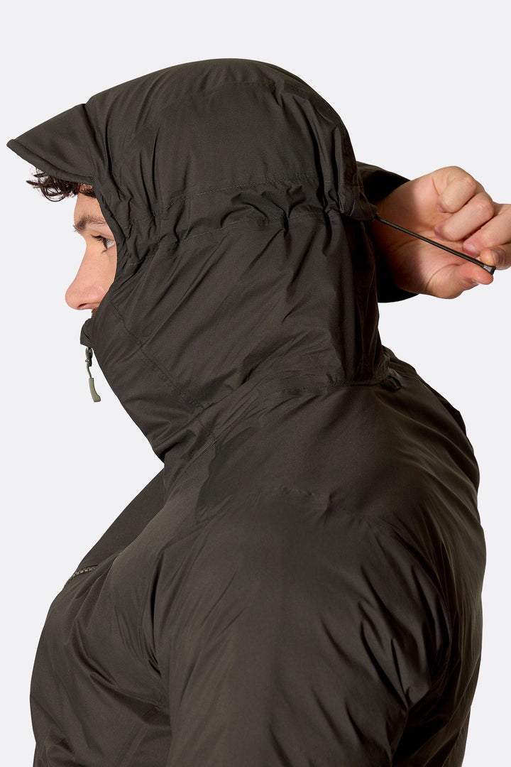Men's Microlight Shield Waterproof Down Jacket — Dark Army — DETAIL::Hood::Cosy hood with a two-point adjustment so you can fine-tune the fit.